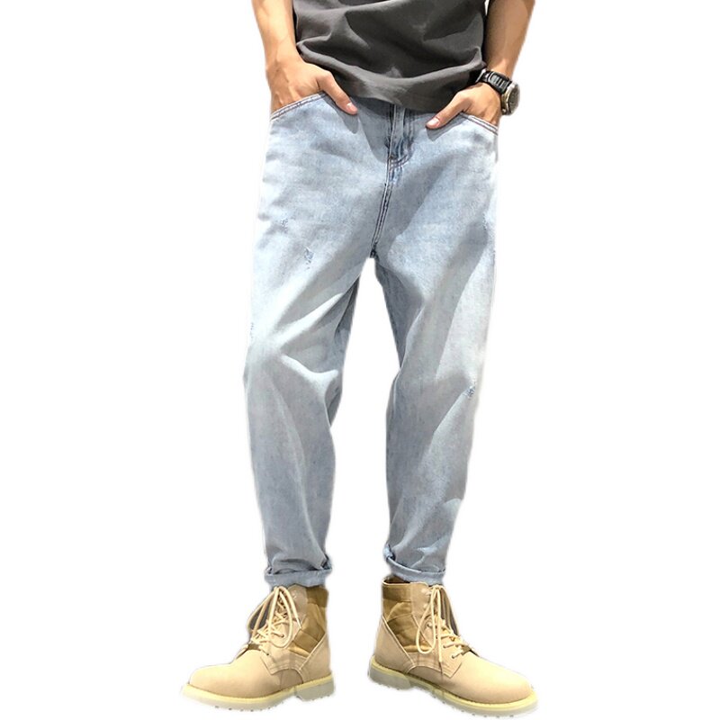 2022 Autumn new American trendy brand workwear jeans for men, loose blue and white light-colored casual Harun 9-inch pants Item Picture